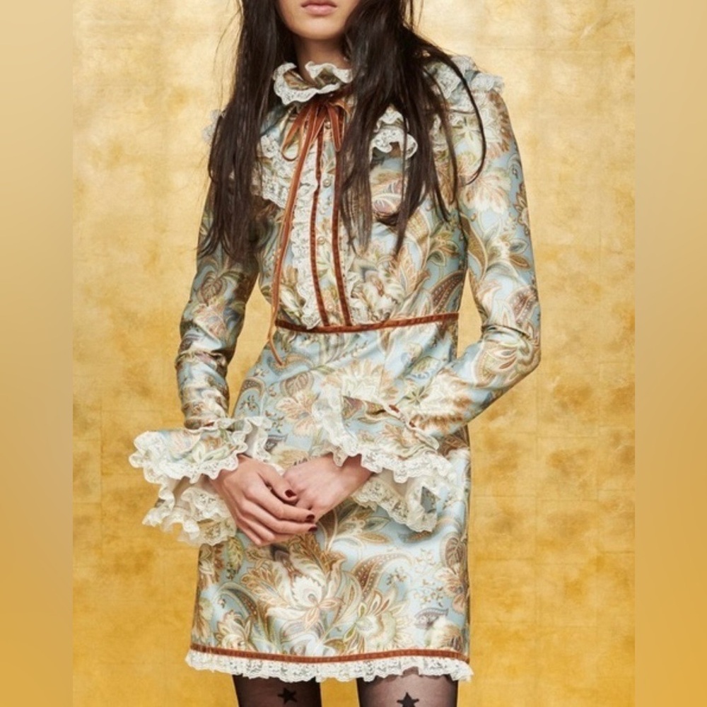 Zimmermann Ladybeetle Ruffled Printed Wool And Silk-Blend Satin-Twill Dress XS/S